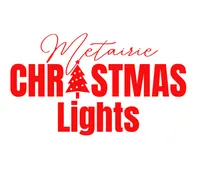 Metairie Christmas Lights logo in red, with a Christmas tree icon in the word
