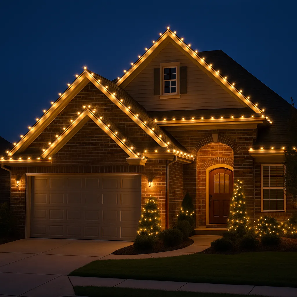 House at night with roofline Christmas lights. Door and small trees are also lit.